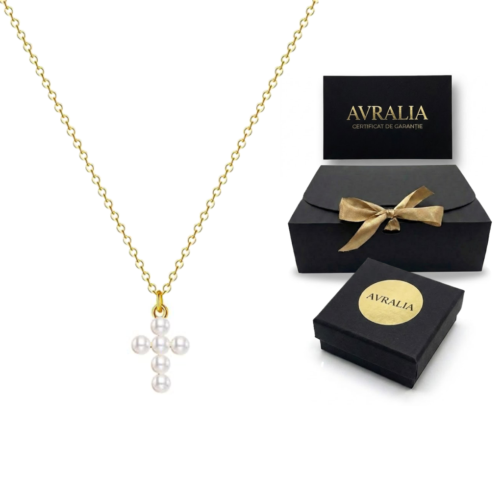 Colier Cruce de Perle -  placat cu aur de 18k