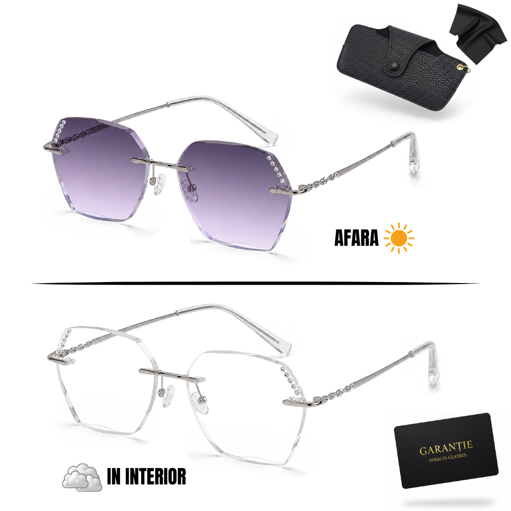 Ochelari de Soare Heliomati Damă Rimless Geometrici cu Cristale, Lentilă Mov