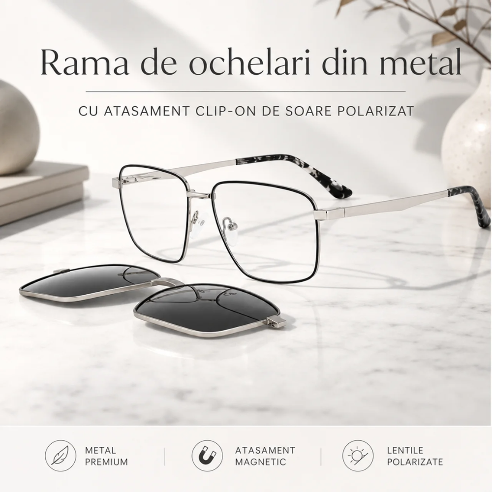 Rame de Ochelari Bărbați cu Clip Soare Polarizat, Ramă Pătrată Argintiu cu Marmură
