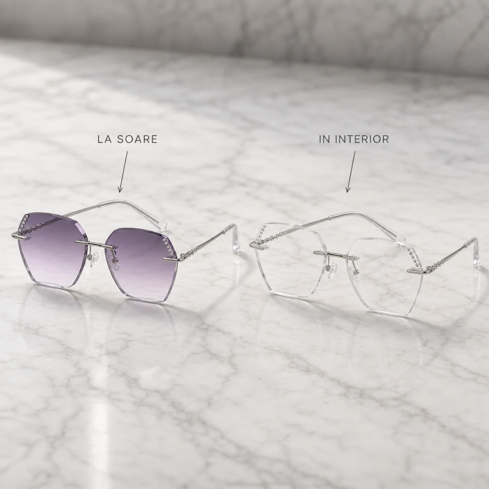 Ochelari de Soare Heliomati Damă Rimless Geometrici cu Cristale, Lentilă Mov