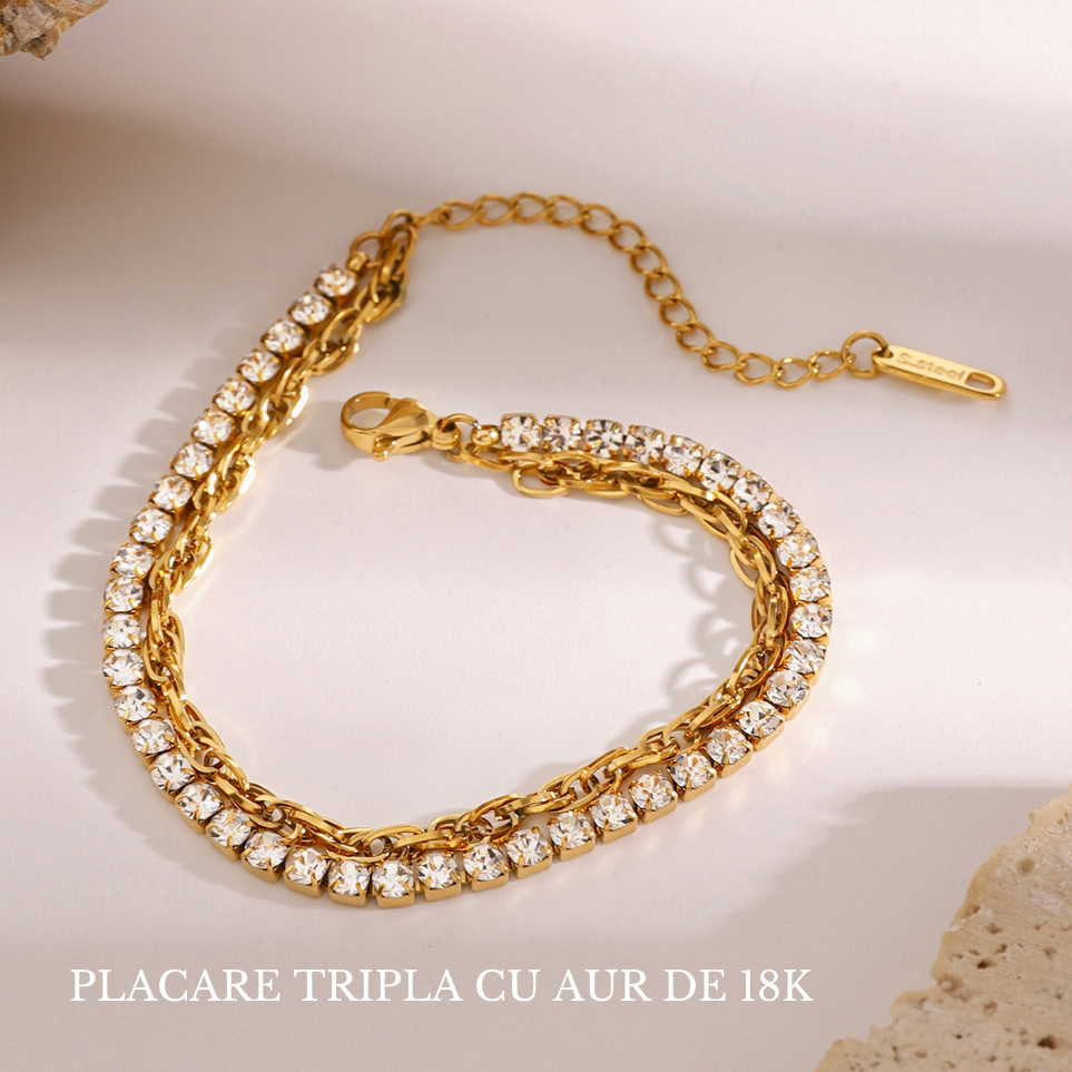 Brățară Dublă Lanț și Cristale Zirconiu – Placată cu Aur 18K