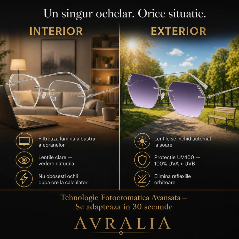 Ochelari de Soare Heliomati Damă Rimless Geometrici cu Cristale, Lentilă Mov