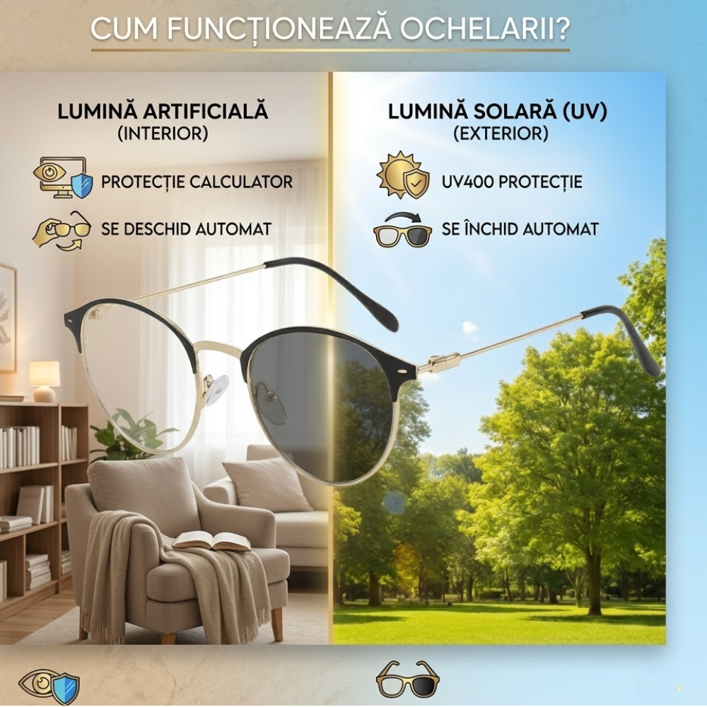 Ochelari Heliomati Damă Rotunzi Retro – Ramă Negru și Auriu