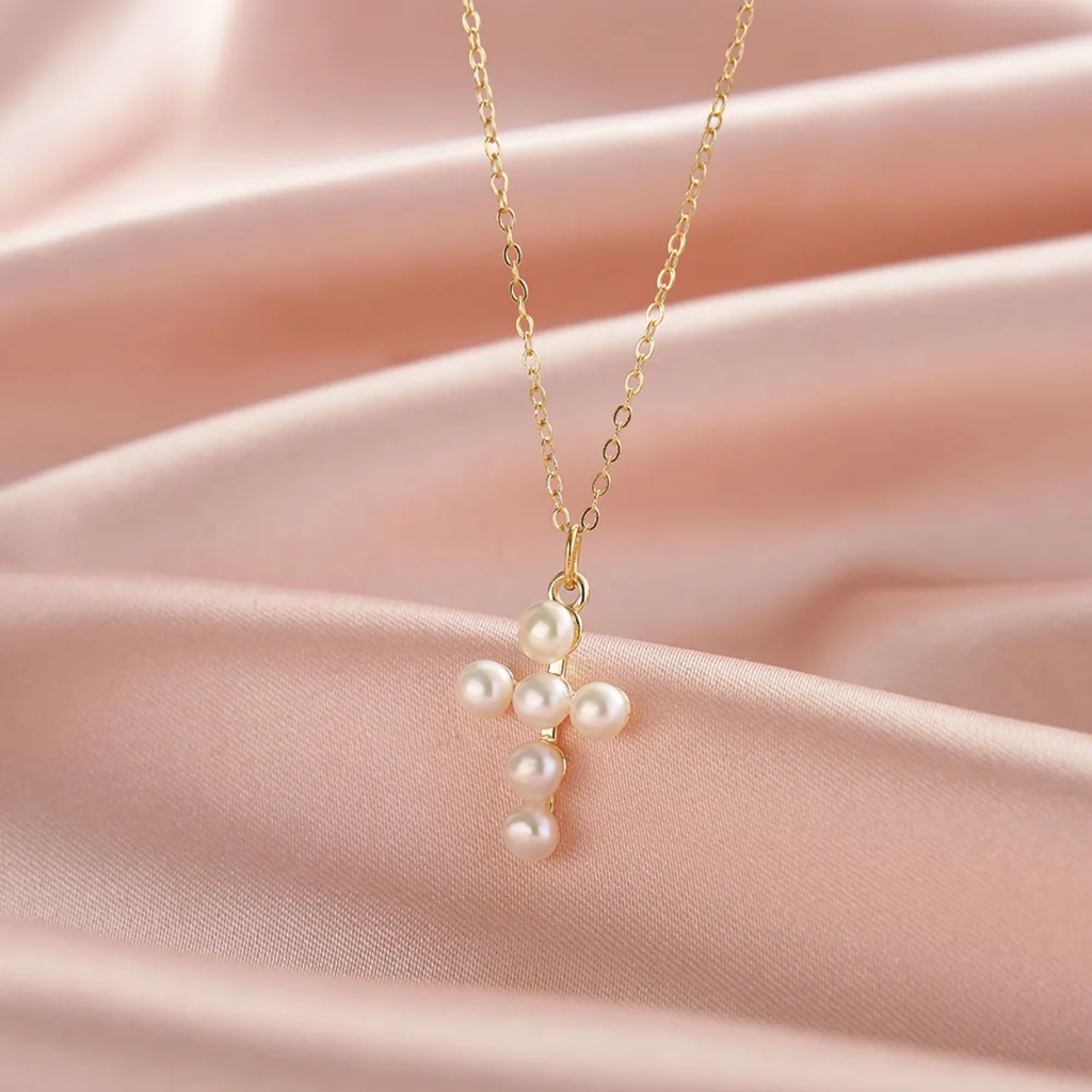 Colier Cruce de Perle -  placat cu aur de 18k