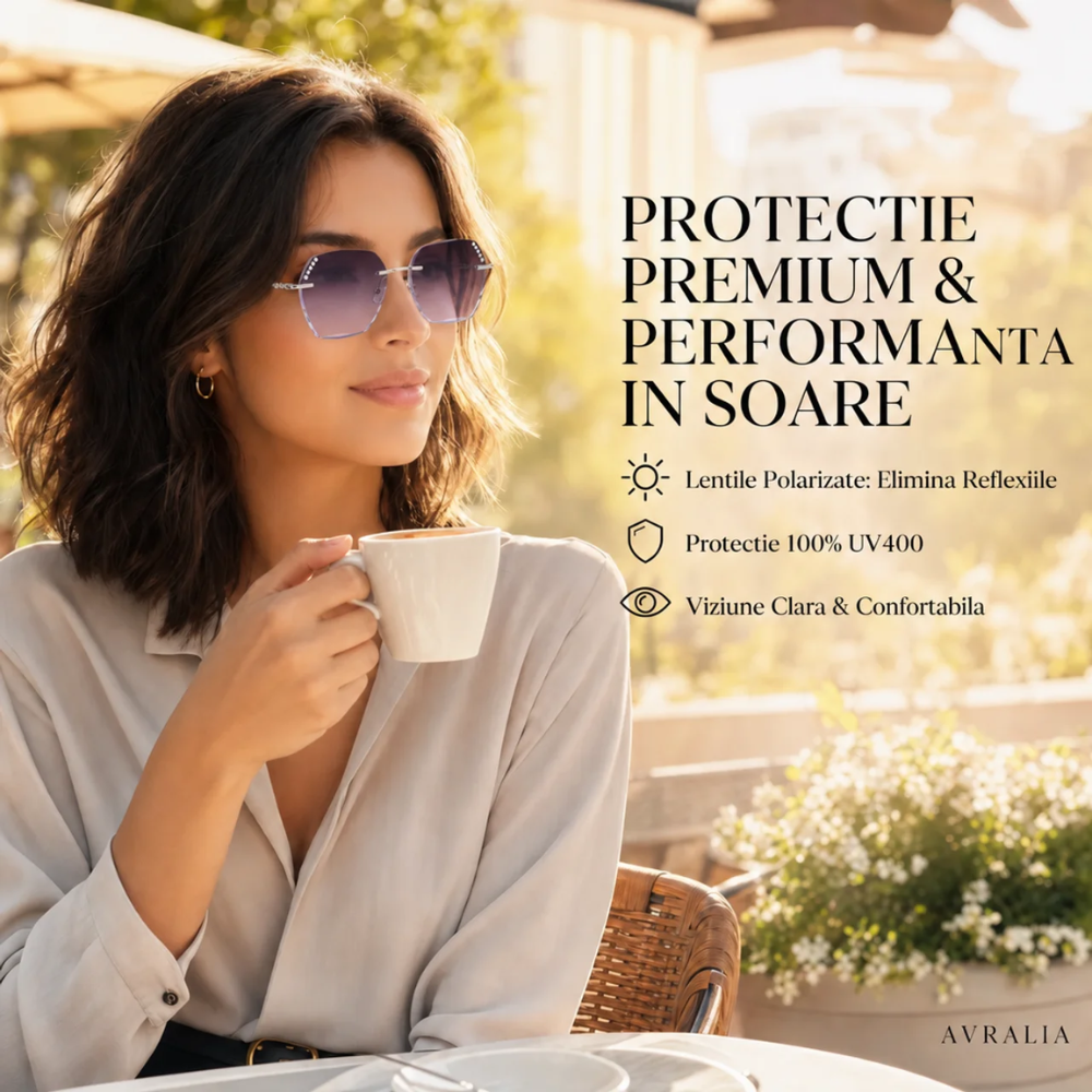 Ochelari de Soare Heliomati Damă Rimless Geometrici cu Cristale, Lentilă Mov