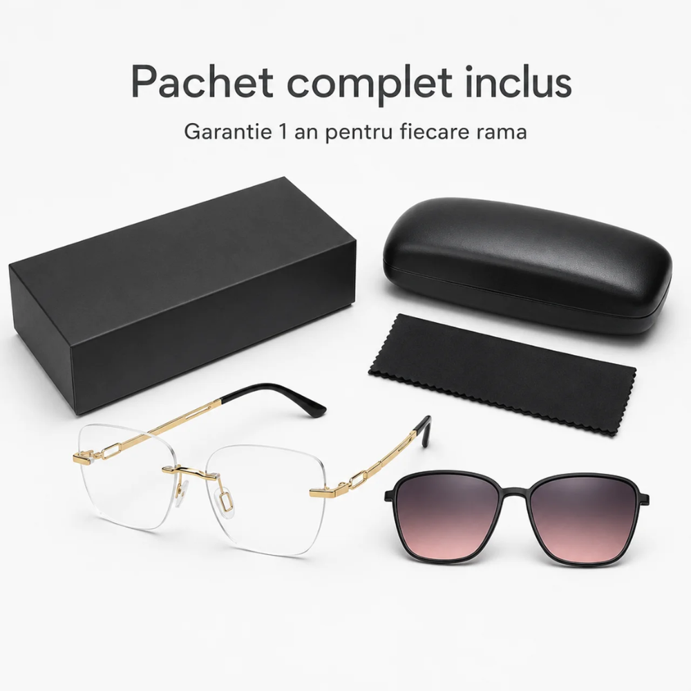 Rame de Ochelari Damă Rimless Auriu cu Clip Soare Magnetic Roz