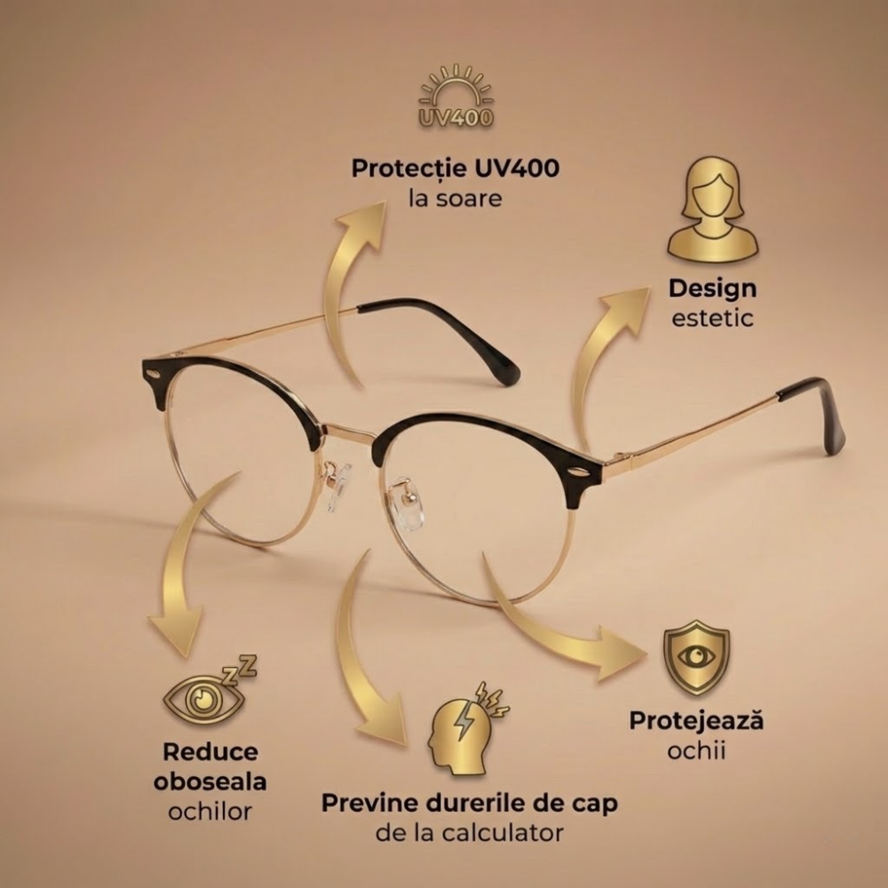 Ochelari Heliomati Damă Rotunzi Retro – Ramă Negru și Auriu
