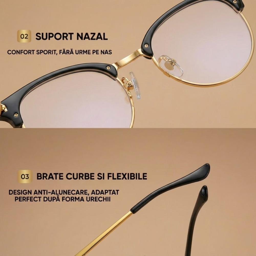 Ochelari Heliomati Damă Rotunzi Retro – Ramă Negru și Auriu