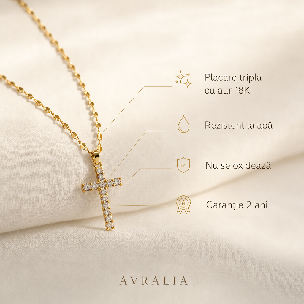 Cadou Iubită - Lănțișor cu cruce placat cu aur 18K AVRALIA
