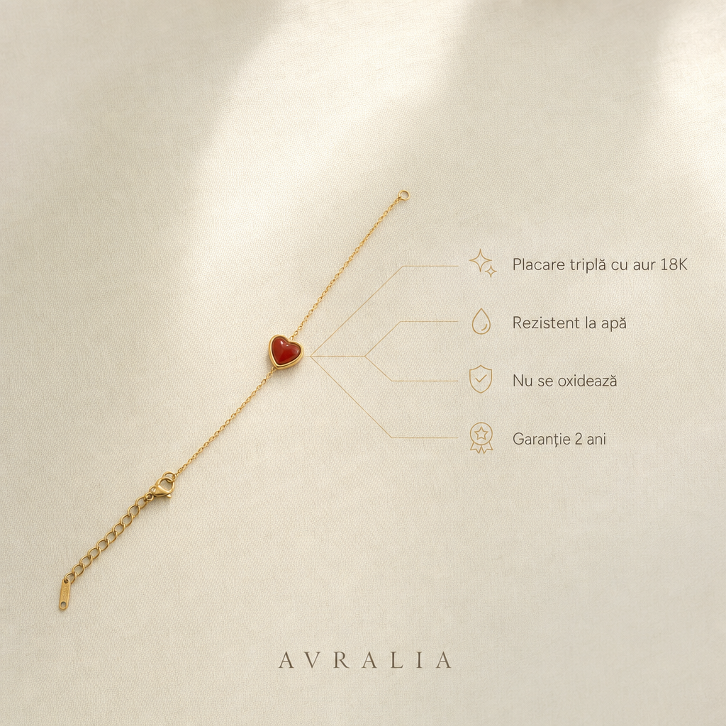 Cadou Iubită - Brățară placată cu aur 18K cu inimă roșie AVRALIA