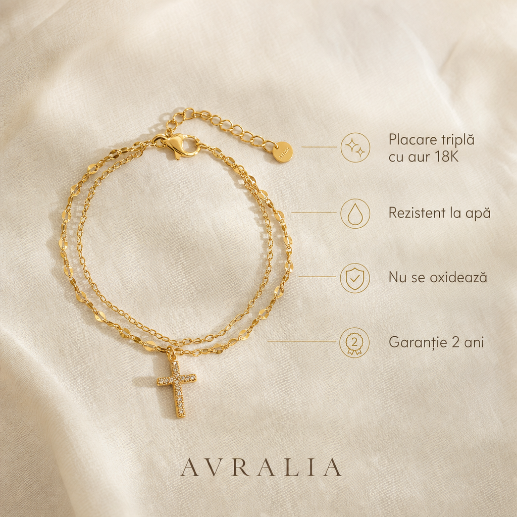 Cadou Mama - Brățară dublă cu cruce placată cu aur 18K AVRALIA