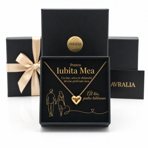 Cadou Iubită - Lănțișor cu inimă placat cu aur 18K AVRALIA, card cu mesaj pentru iubita mea, ambalaj cadou inclus
