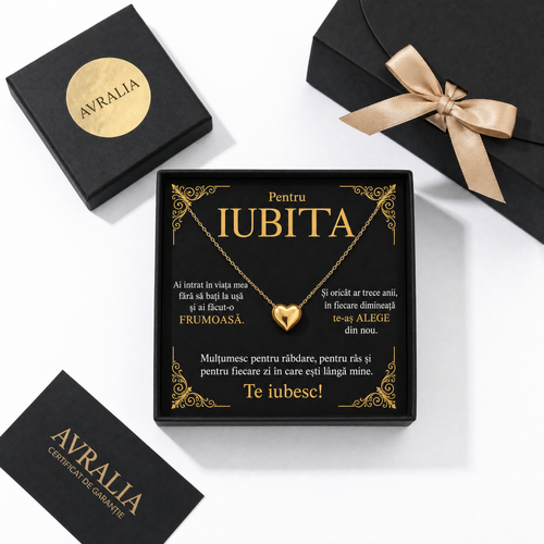 Cadou Iubită - Lănțișor cu inimă placat cu aur 18K AVRALIA, card cu mesaj pentru iubita mea, ambalaj cadou inclus