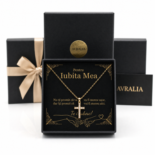 Cadou Iubită - Lănțișor cu cruce placat cu aur 18K AVRALIA, cruce cu zirconii, card cu mesaj pentru iubita mea, ambalaj cadou inclus