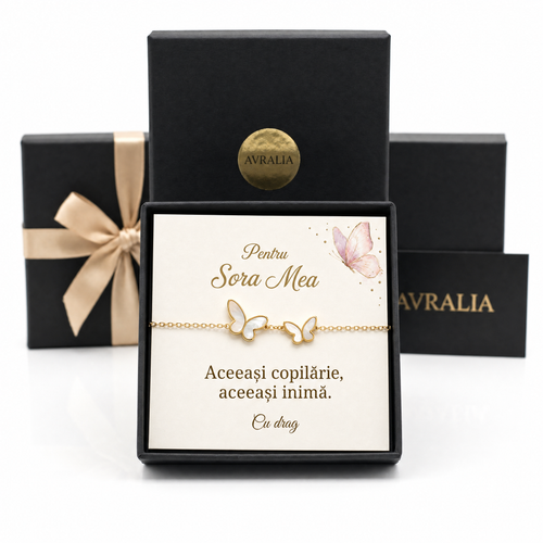 Cadou Sora - Brățară cu fluturași placată cu aur 18K AVRALIA, card cu mesaj pentru sora mea, ambalaj cadou inclus