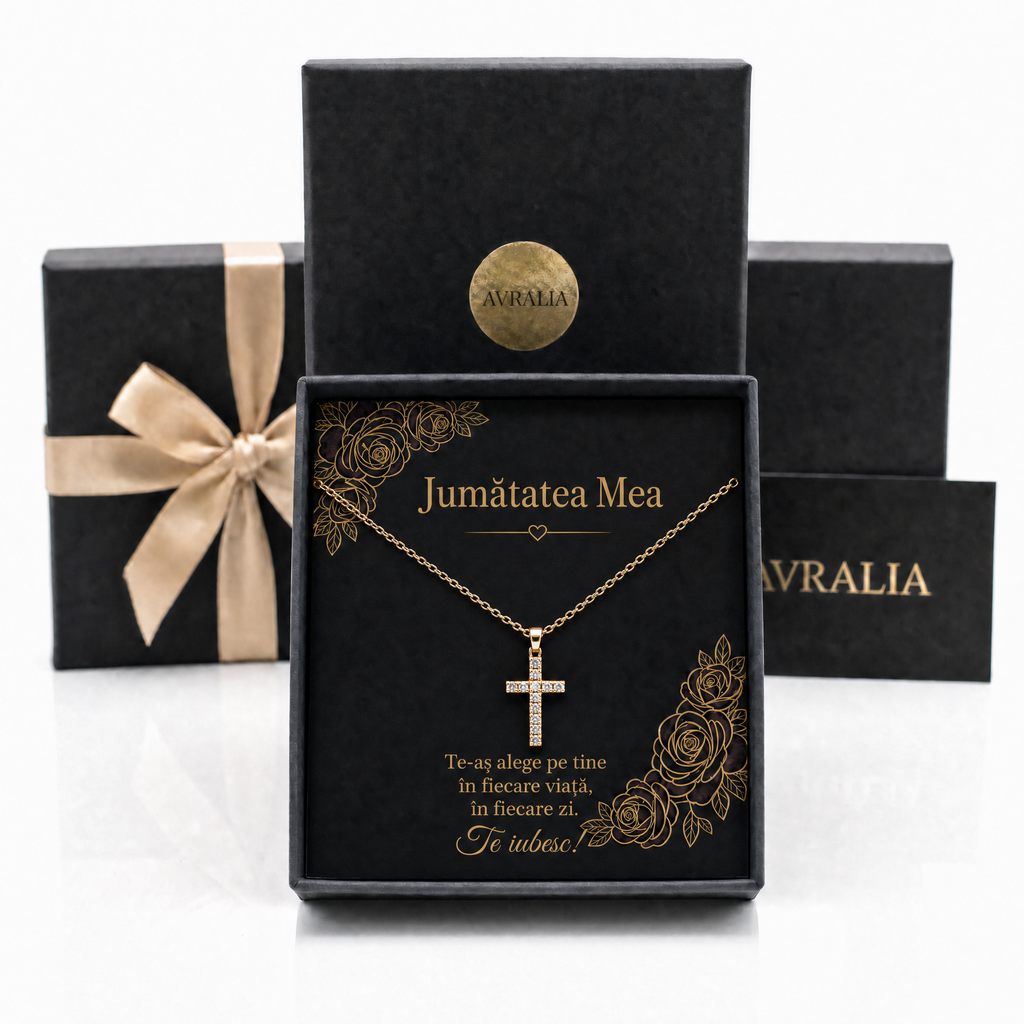 Cadou Iubită sau Soție - Lănțișor cu cruce, card Jumătatea Mea AVRALIA